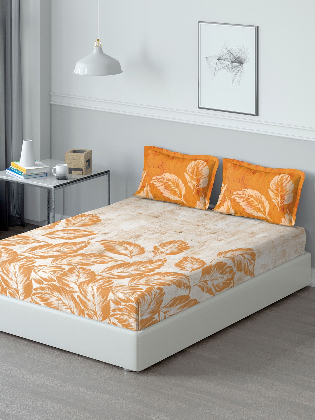 

DDecor Orange & Off-White Floral 150 TC Cotton 1 King Bedsheet with 2 Pillow Covers