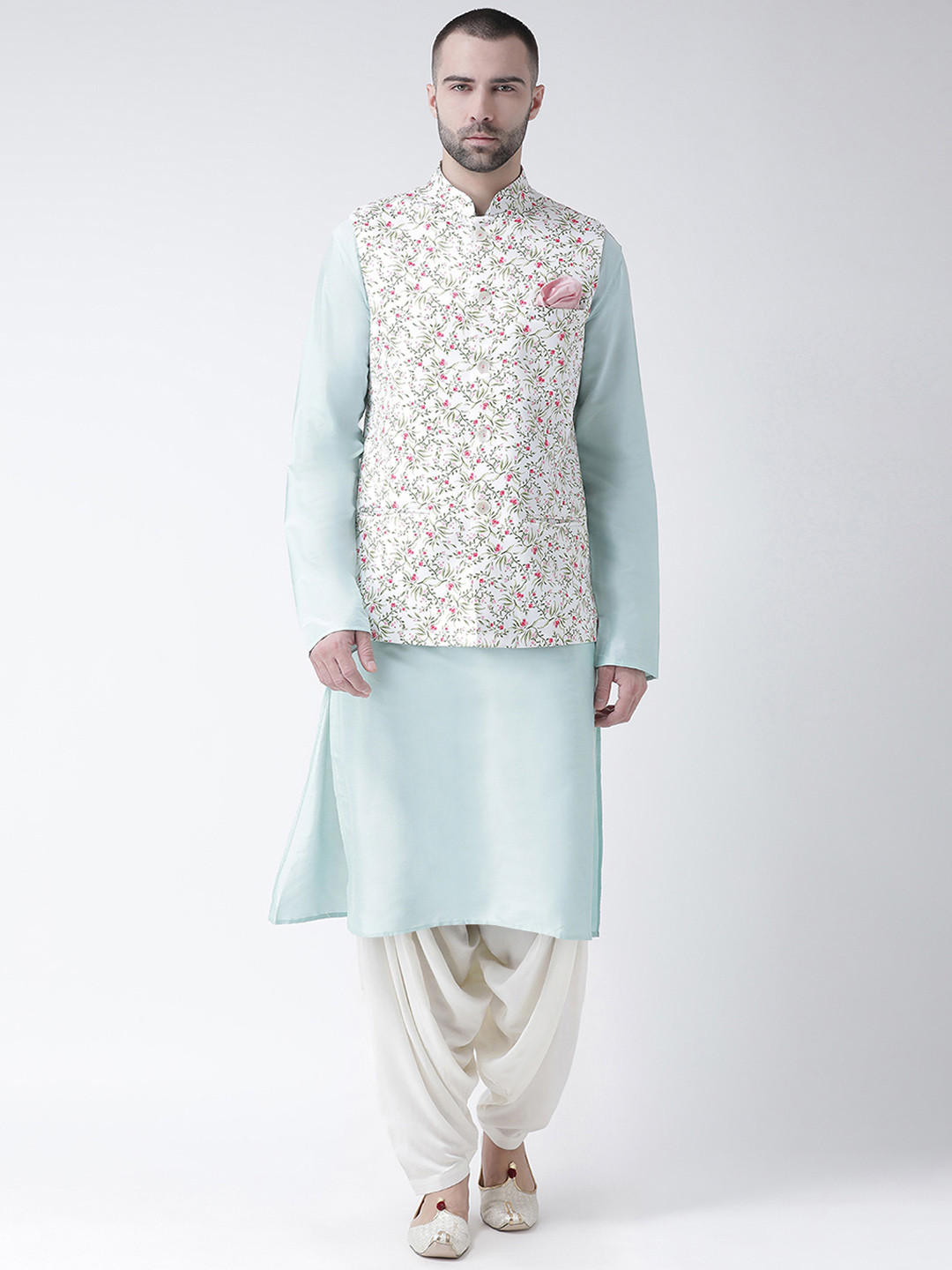 

KISAH Men White & Blue Printed Kurta Set with Nehru Jacket