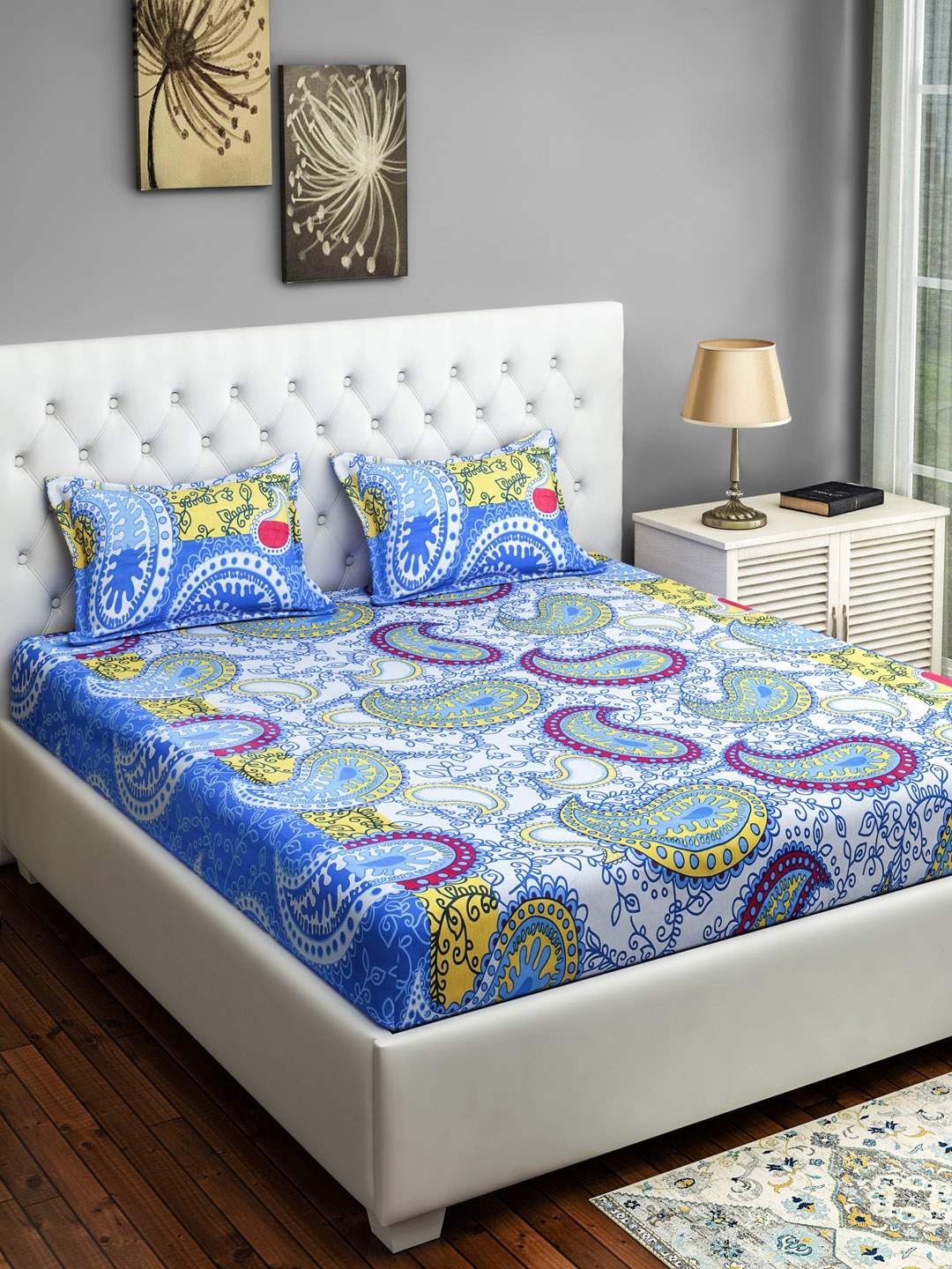 

SWAYAM Blue & Yellow 160 TC Cotton Double Queen Bedsheet with 2 Pillow Covers