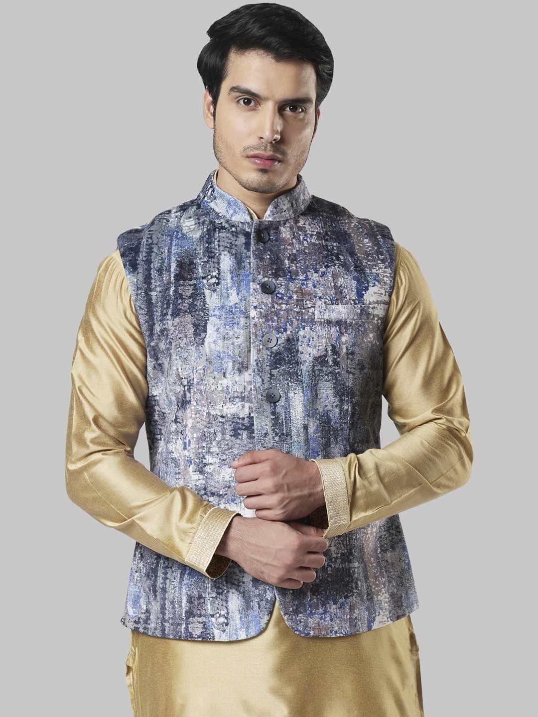 

Ethnix by Raymond Men Blue & Grey Printed Nehru Jacket