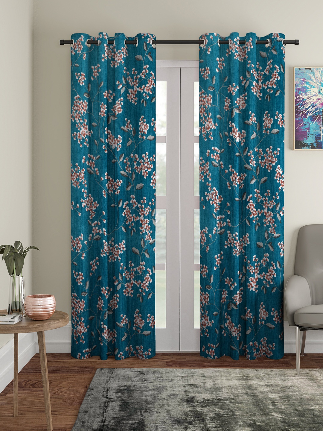 

Cortina Set of 2 Floral Printed Door Curtains, Blue