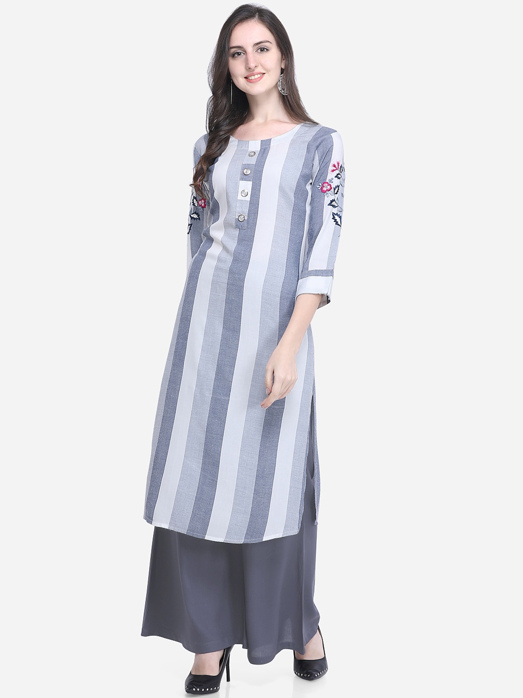 

Kvsfab Women Grey & White Striped Straight Kurta