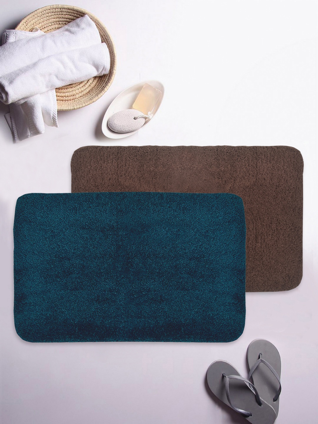 Bianca Set of 2 Solid Anti-Slip Bath Rugs, Navy blue