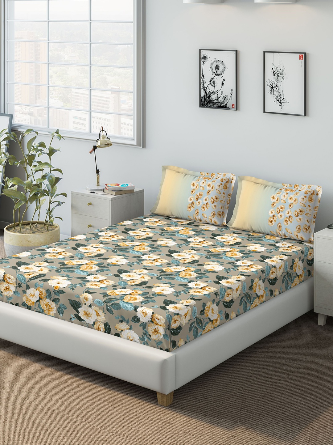 

DDecor Brown & Yellow Floral 140 TC Cotton 1 Queen Bedsheet with 2 Pillow Covers