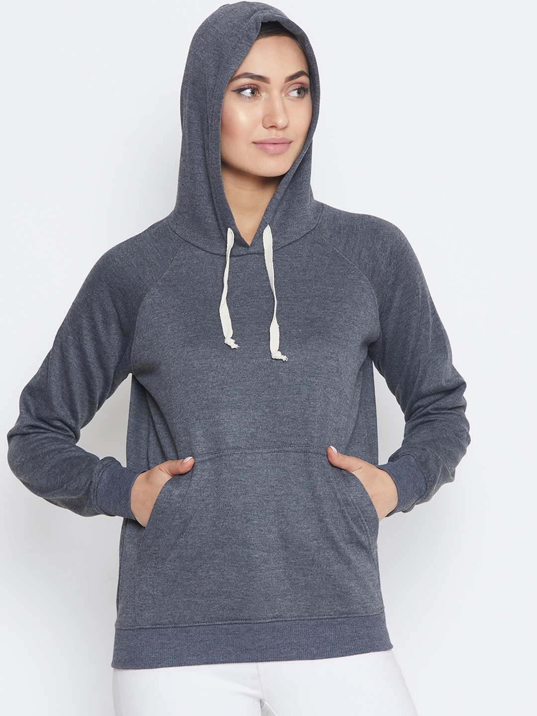 PURYS Women Grey Solid Hooded Sweatshirt