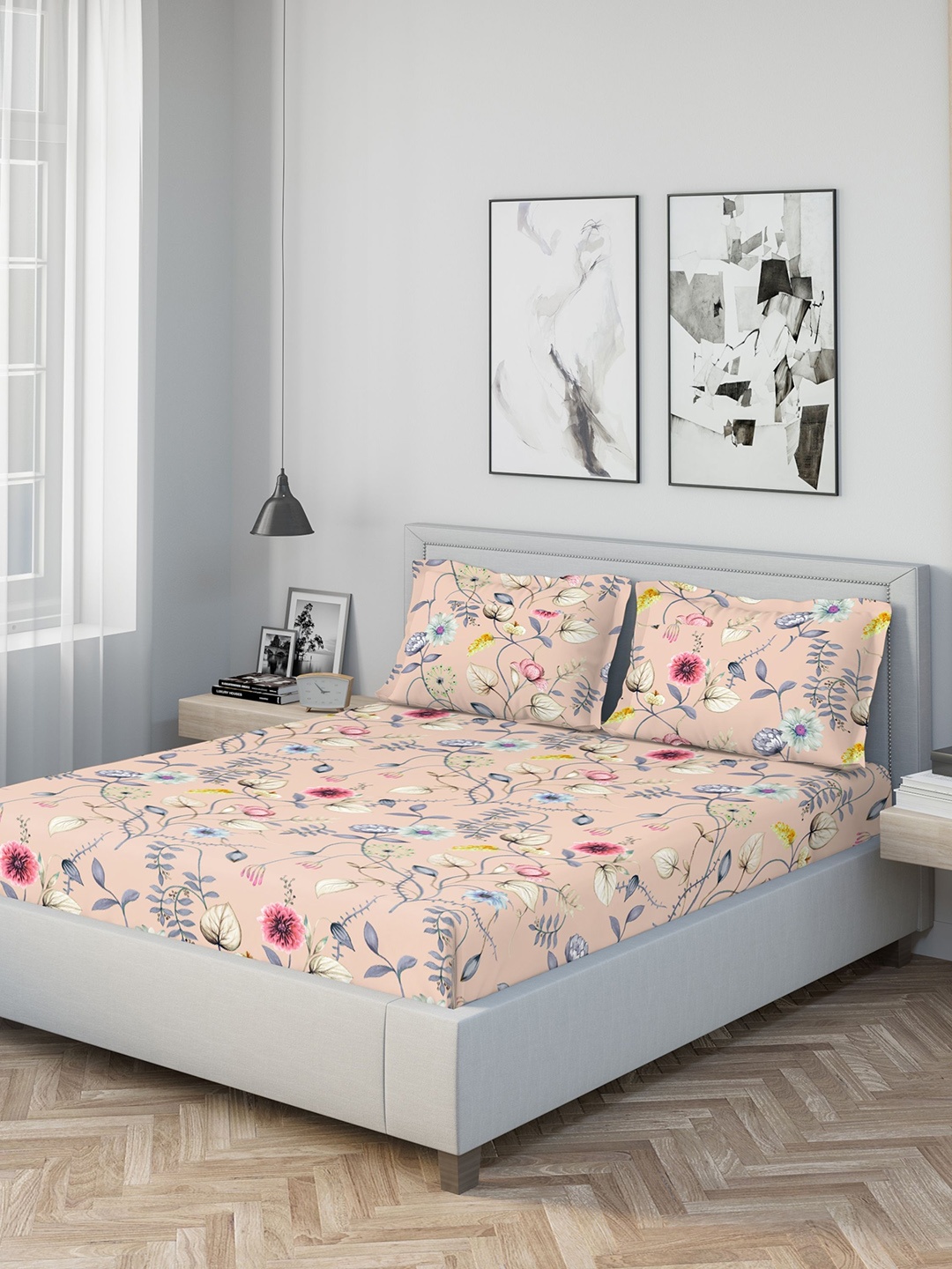 

DDecor Peach-Coloured Floral 210 TC Cotton 1 King Bedsheet with 2 Pillow Covers