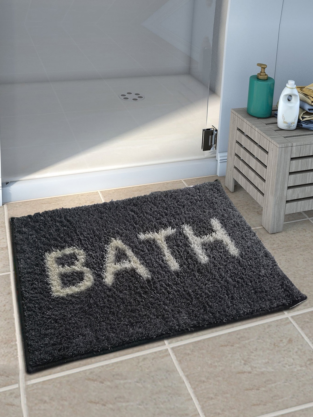 

Athom Trendz Set of 3 Black Typography Printed Anti-slip Bath Rugs