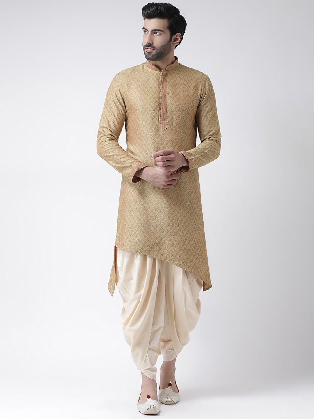 

KISAH Men Peach-Coloured & Beige Self Design Kurta with Dhoti Pants