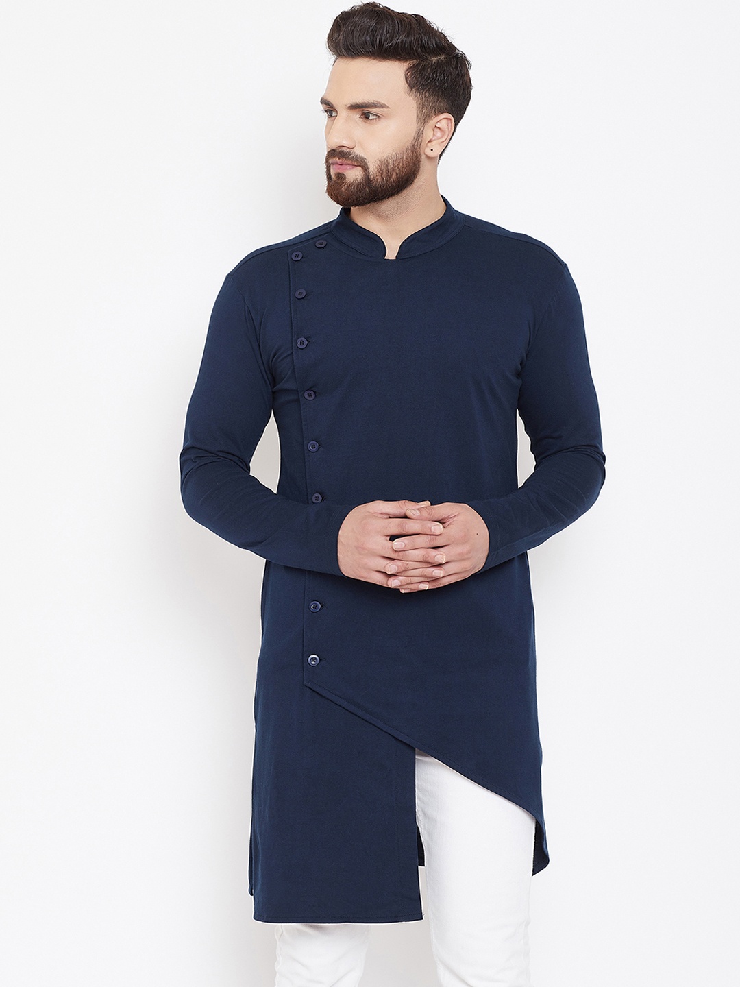 

Hypernation Men Navy Blue Solid Asymmetric Straight Kurta