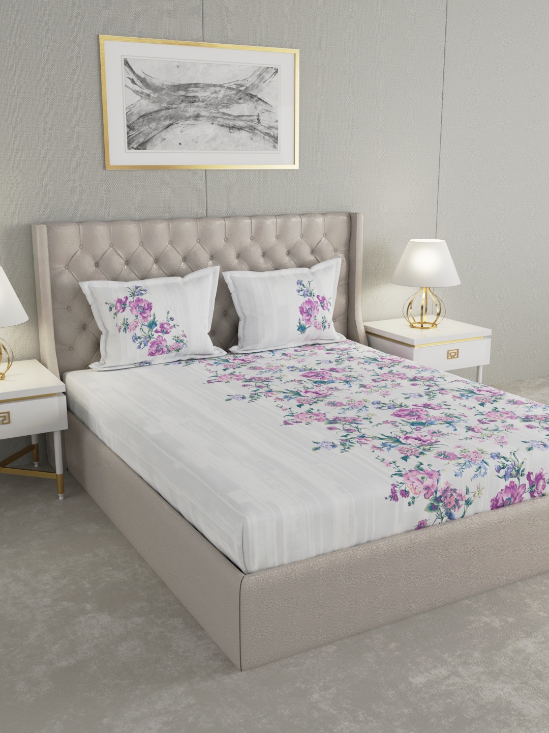 

GM White & Purple Floral 180 TC Cotton 1 King Bedsheet with 2 Pillow Covers