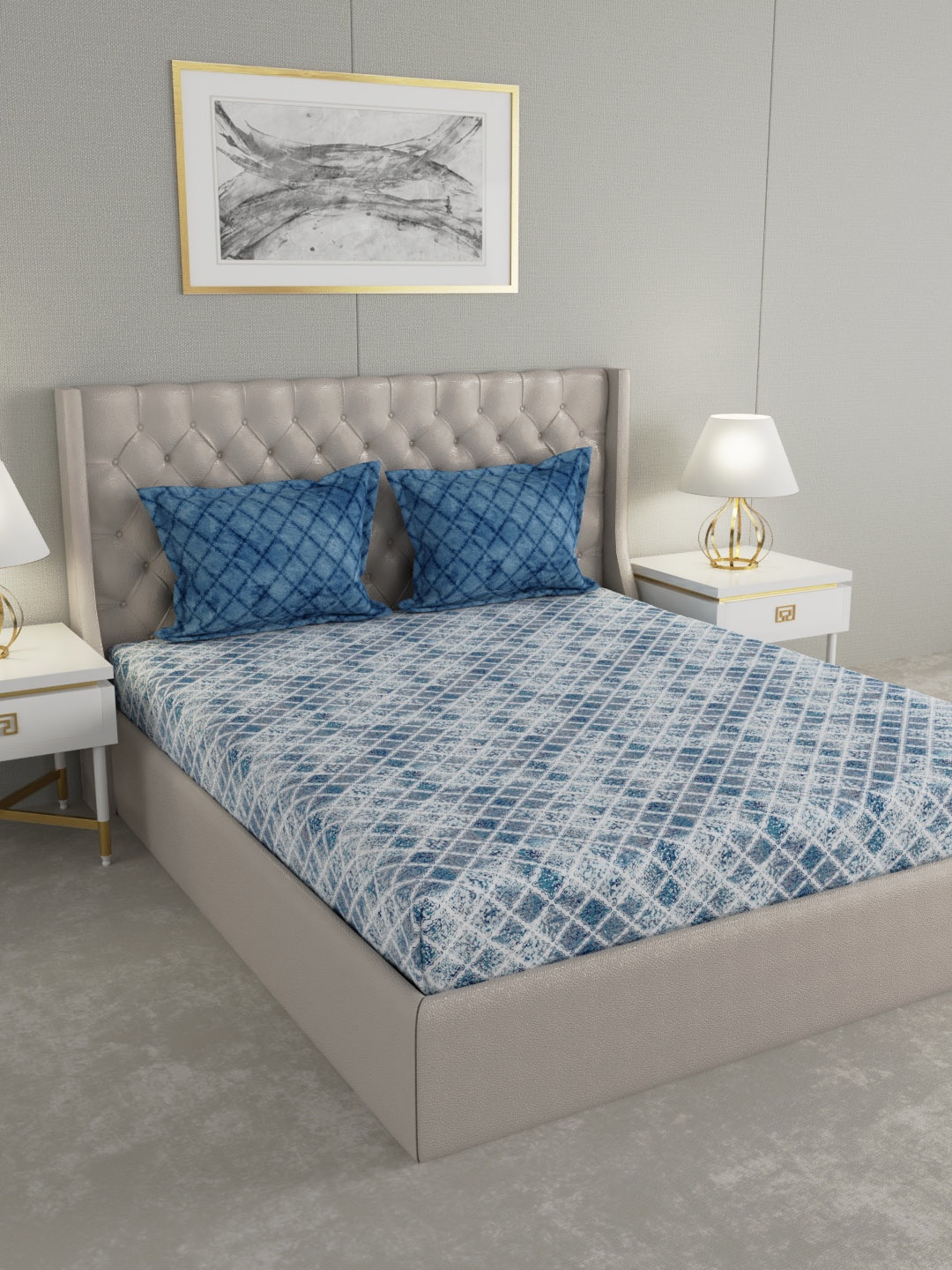 

GM Blue Geometric 180 TC Cotton 1 Extra Large Bedsheet with 2 Pillow Covers