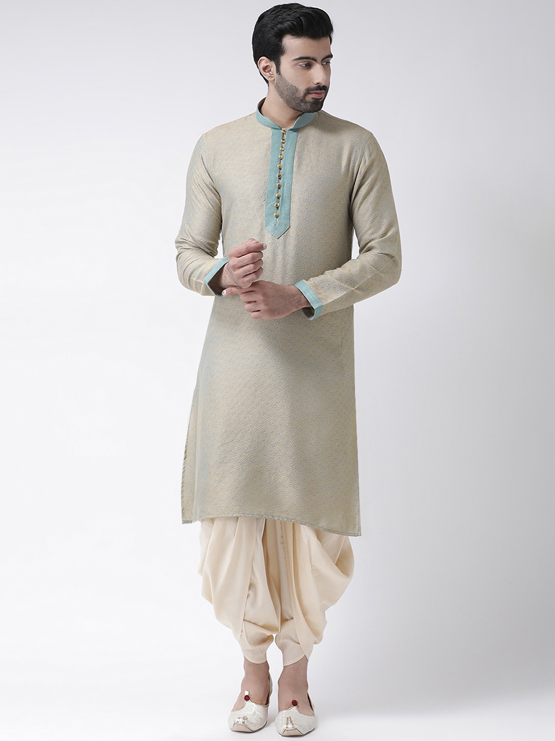 

KISAH Men Beige & Green Embroidered Kurta with Dhoti Pants