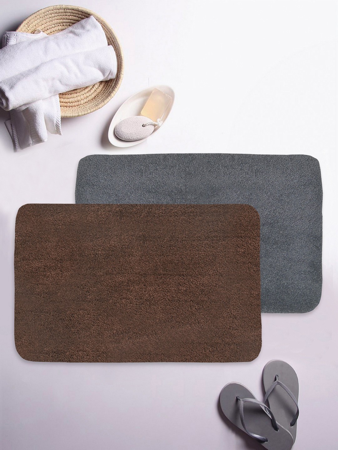 

BIANCA Set of 2 Brown & Grey Solid Anti-slip Bath Rugs