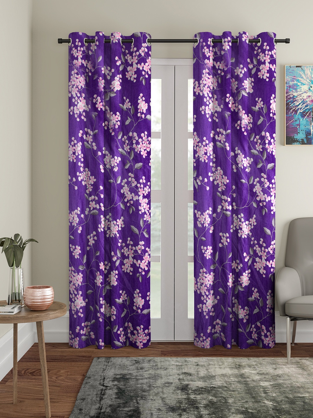 

Cortina Set of 2 Floral Printed Long Door Curtains, Purple