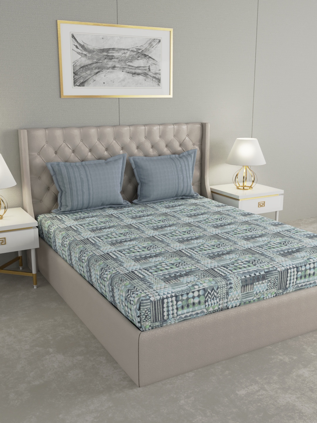 

GM Grey & Blue Geometric 180 TC Cotton 1 King Bedsheet with 2 Pillow Covers