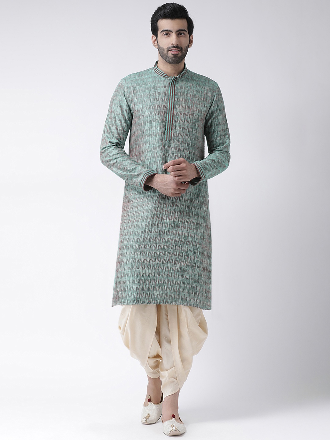 KISAH Men Green & Cream-Coloured Embroidered Kurta with Dhoti Pants