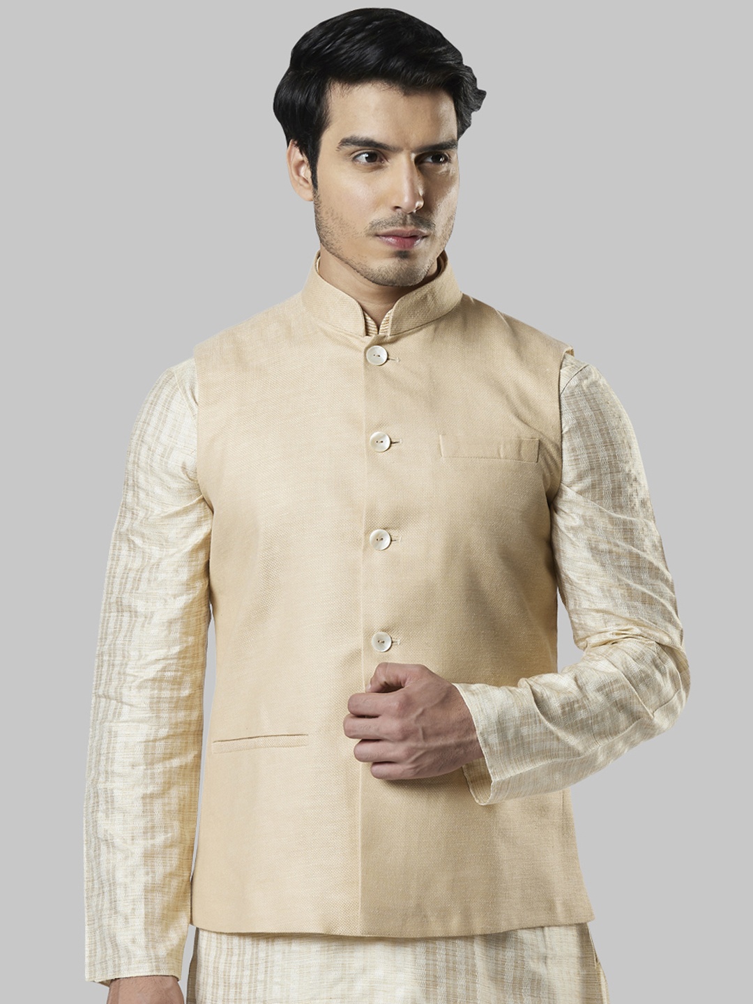 

Ethnix by Raymond Men Beige Solid Nehru Jacket