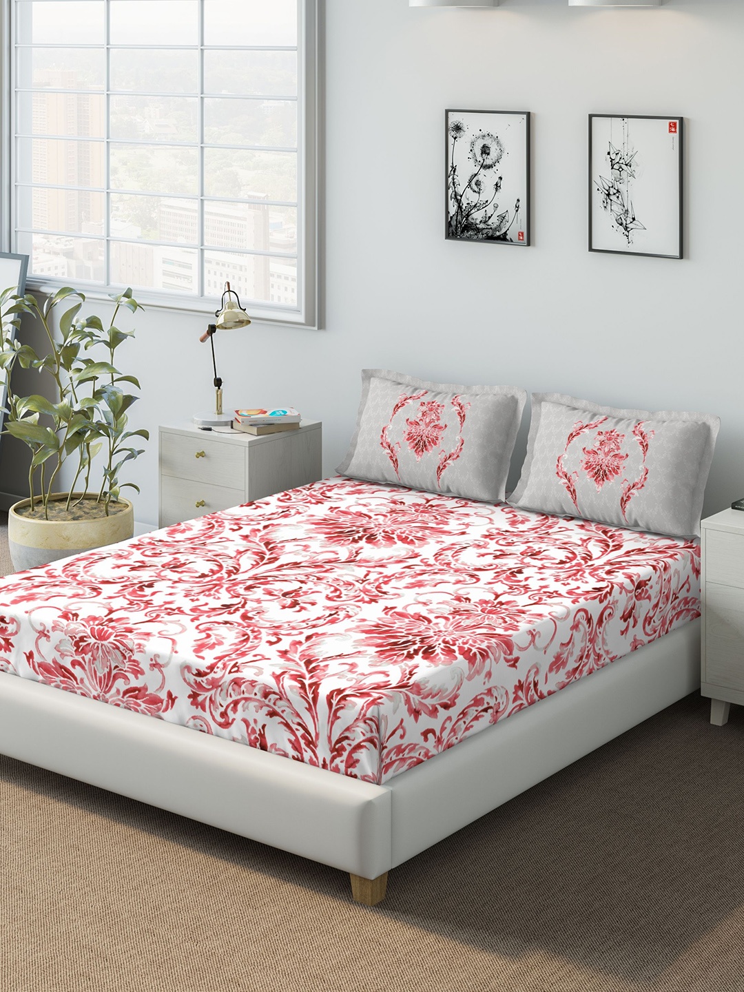 

DDecor White & Red Floral 140 TC Cotton 1 Queen Bedsheet with 2 Pillow Covers