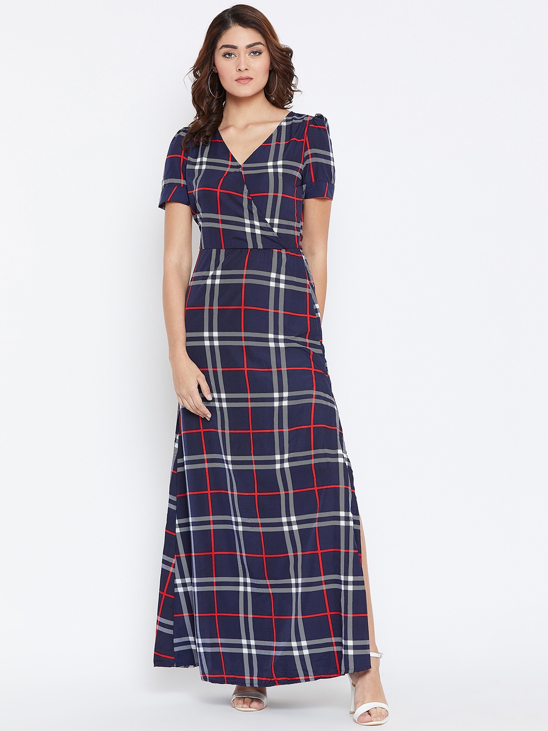 

La Zoire Women Navy Blue Checked Maxi Dress