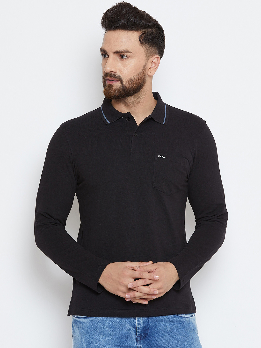 

Okane Men Black Solid Polo Collar T-shirt