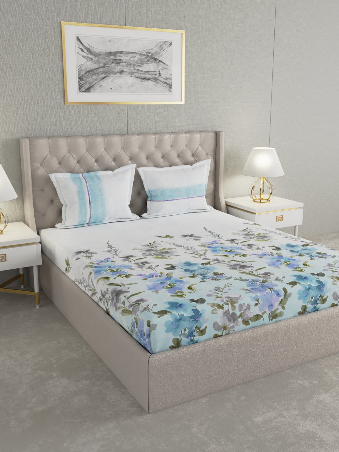 

GM White & Blue Floral 180 TC Cotton 1 Super King Bedsheet with 2 Pillow Covers