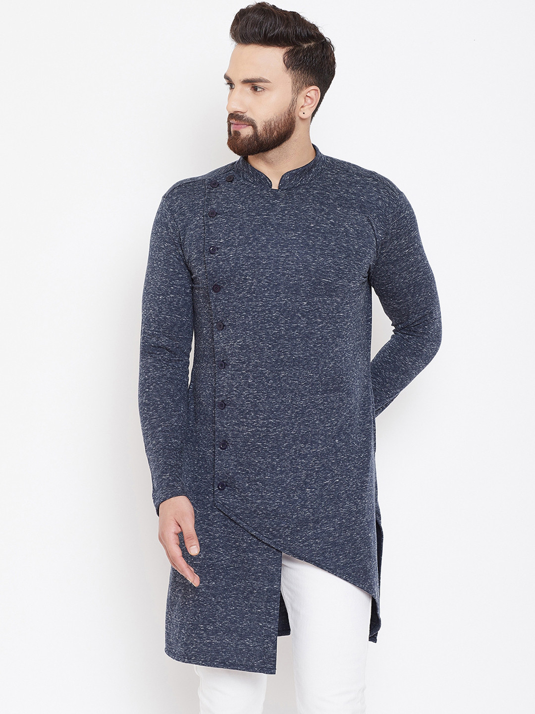 

Hypernation Men Navy Blue Solid Straight Kurta
