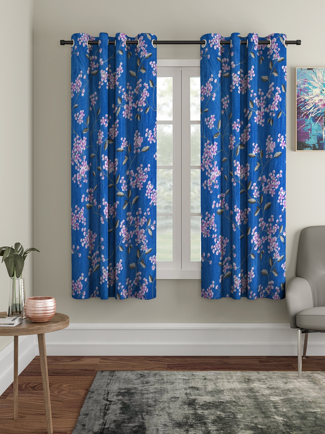 Cortina Blue Set of 2 Floral Printed Window Curtains