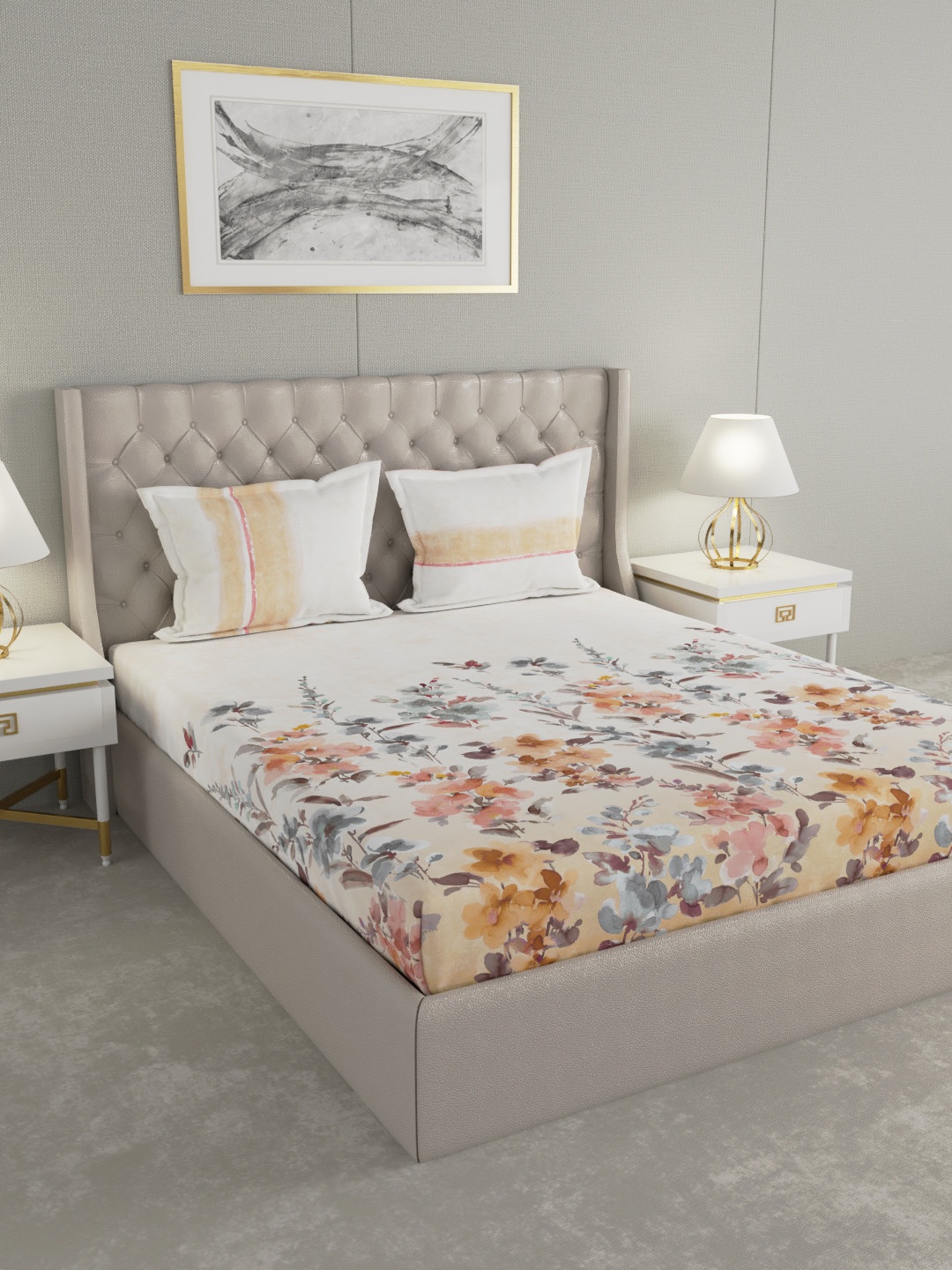 

GM White & Orange Floral 180 TC 1 Cotton Super King Bedsheet with 4 Pillow Covers