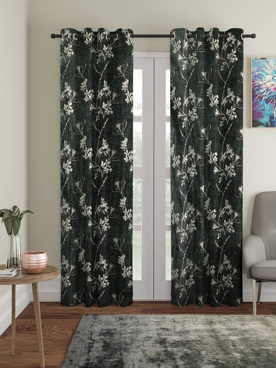 Cortina Green & Off-White Set of 2 Floral Printed Long Door Curtains