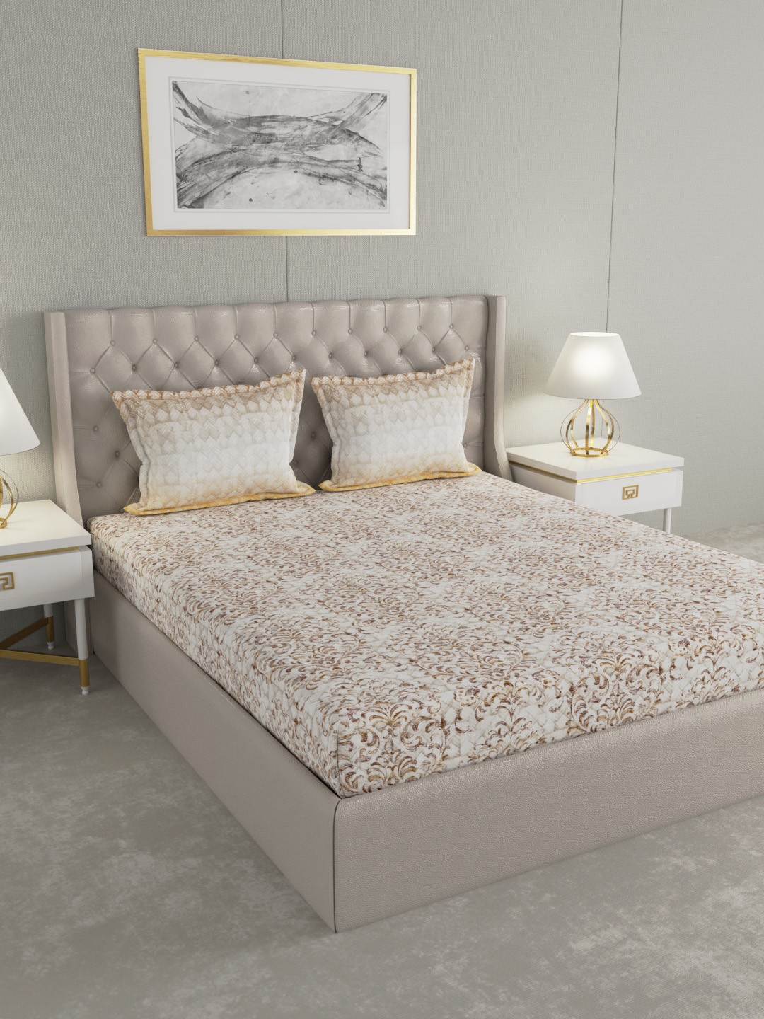 

GM Beige Ethnic Motifs 180 TC Cotton 1 Super King Bedsheet with 2 Pillow Covers