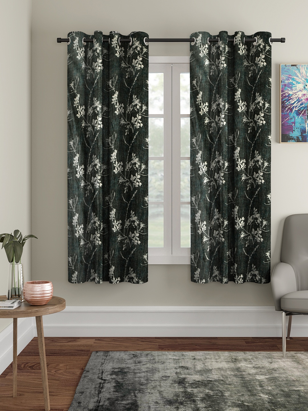 Cortina Set of 2 Floral Printed Window Curtains, Green
