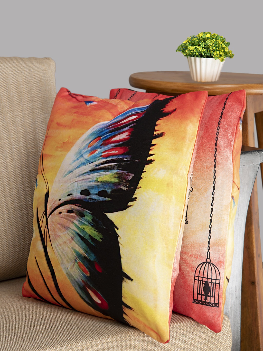 HOUZZCODE Orange & Black Set of 2 Abstract Square Cushion Covers