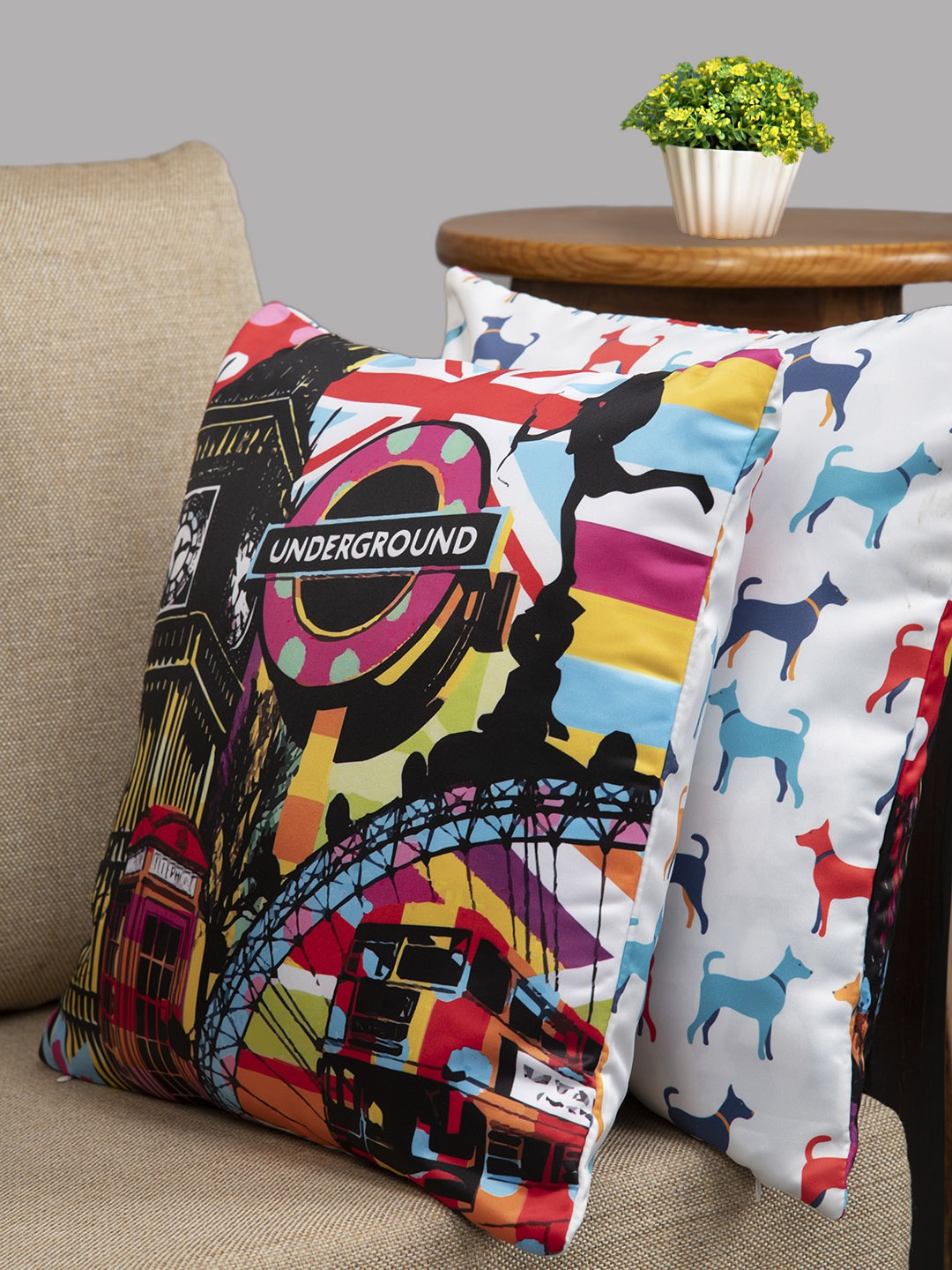 

HOUZZCODE Multicoloured Set of 2 Abstract Square Cushion Covers, Multi