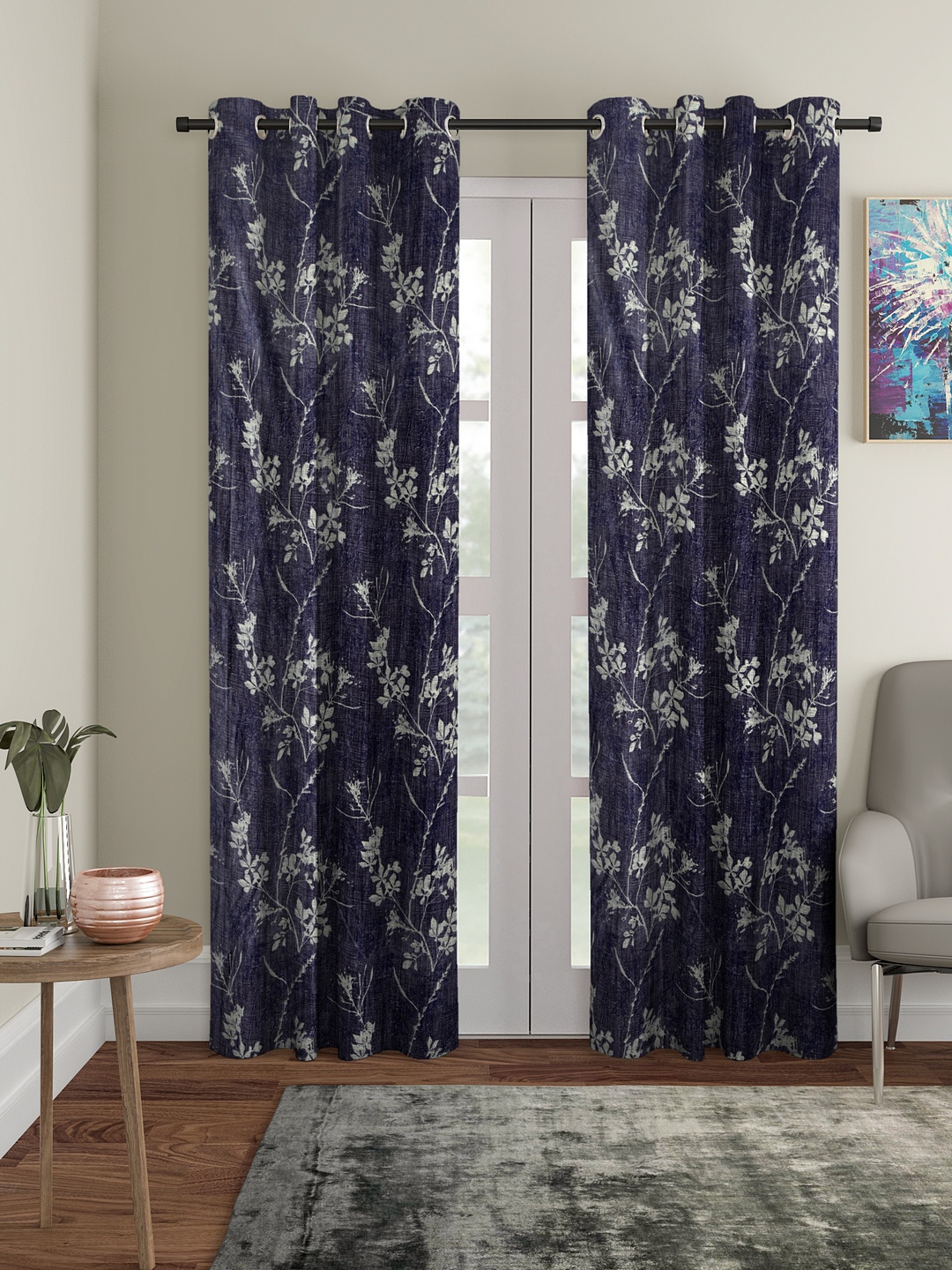 

Cortina Navy Blue Set of 2 Floral Printed Door Curtains