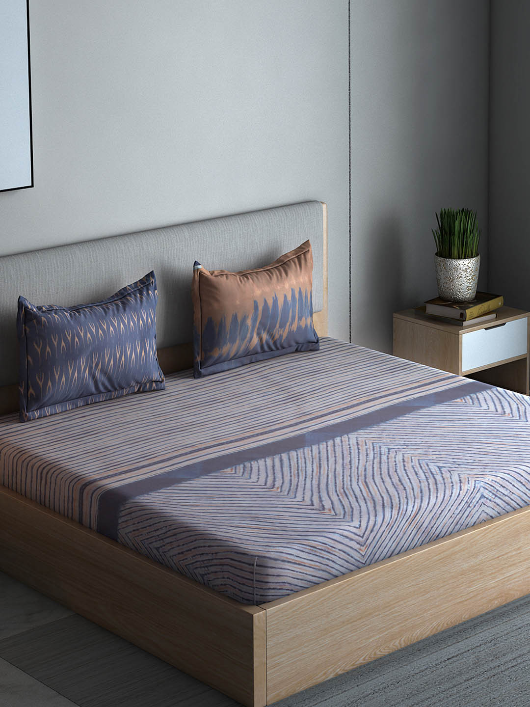

Boutique Living India Blue Striped 300 TC Cotton 1 Queen Bedsheet with 2 Pillow Covers