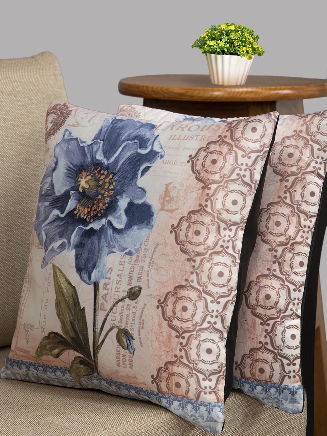 HOUZZCODE Beige & Blue Set of 2 Floral Square Cushion Covers