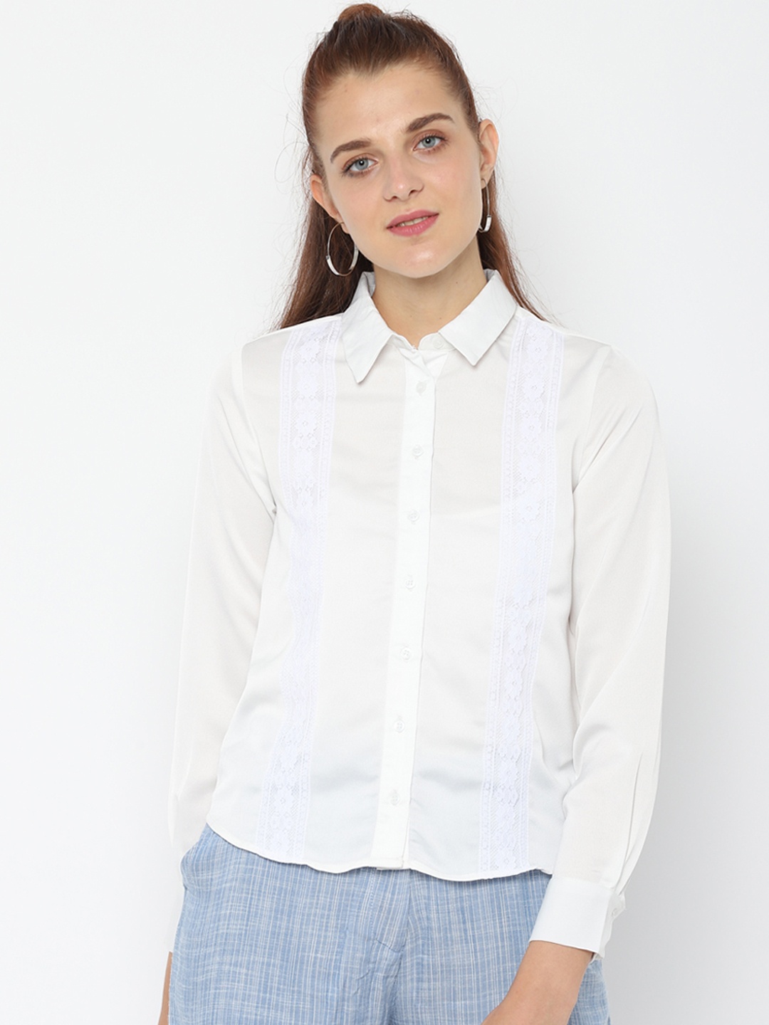 

People Women White Regular Fit Self Design Casual Shirt