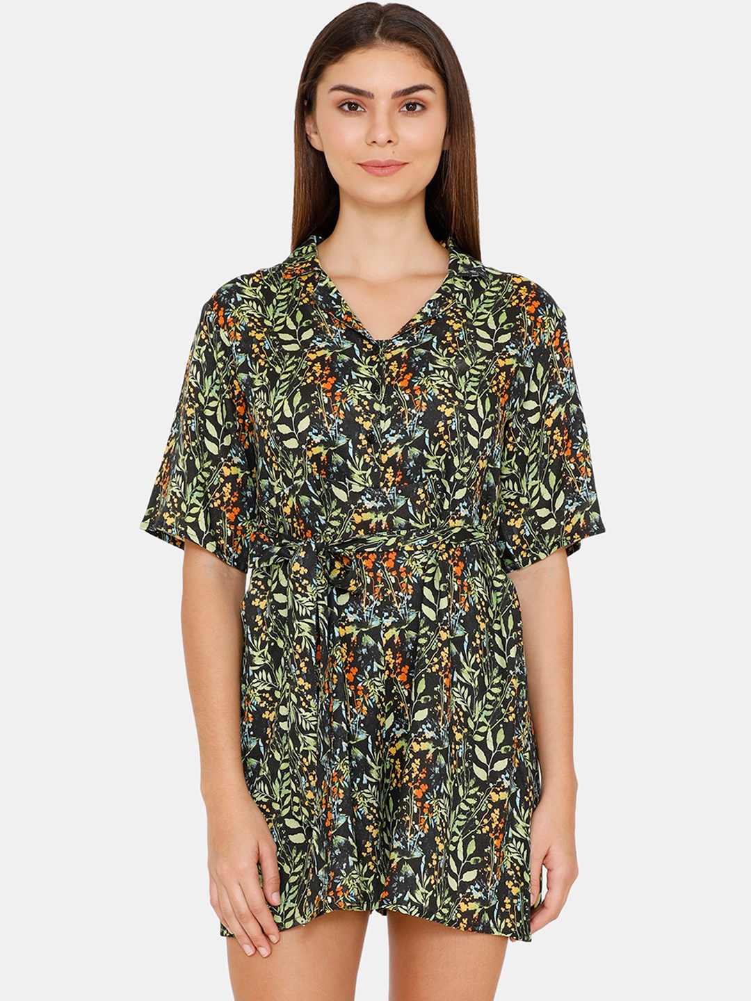 

Zivame Women Black & Green Printed Swimwear Cover Up Dress