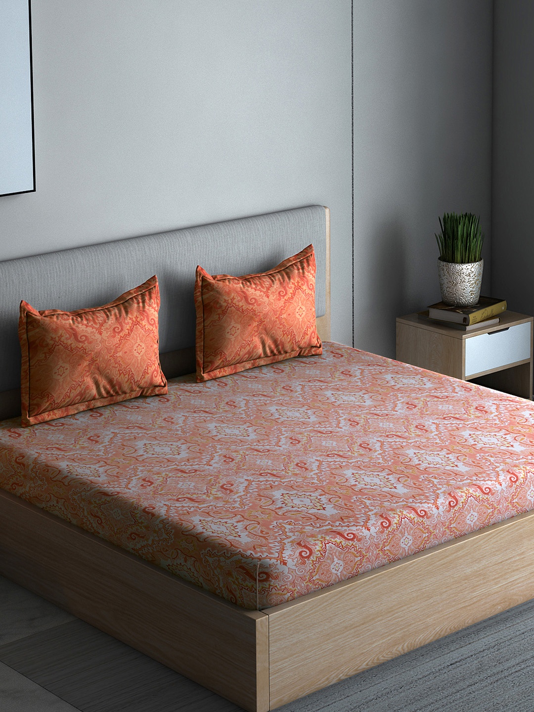 

Boutique Living India Orange & White Ethnic Motifs 300 TC Cotton 1 King Bedsheet with 2 Pillow Covers