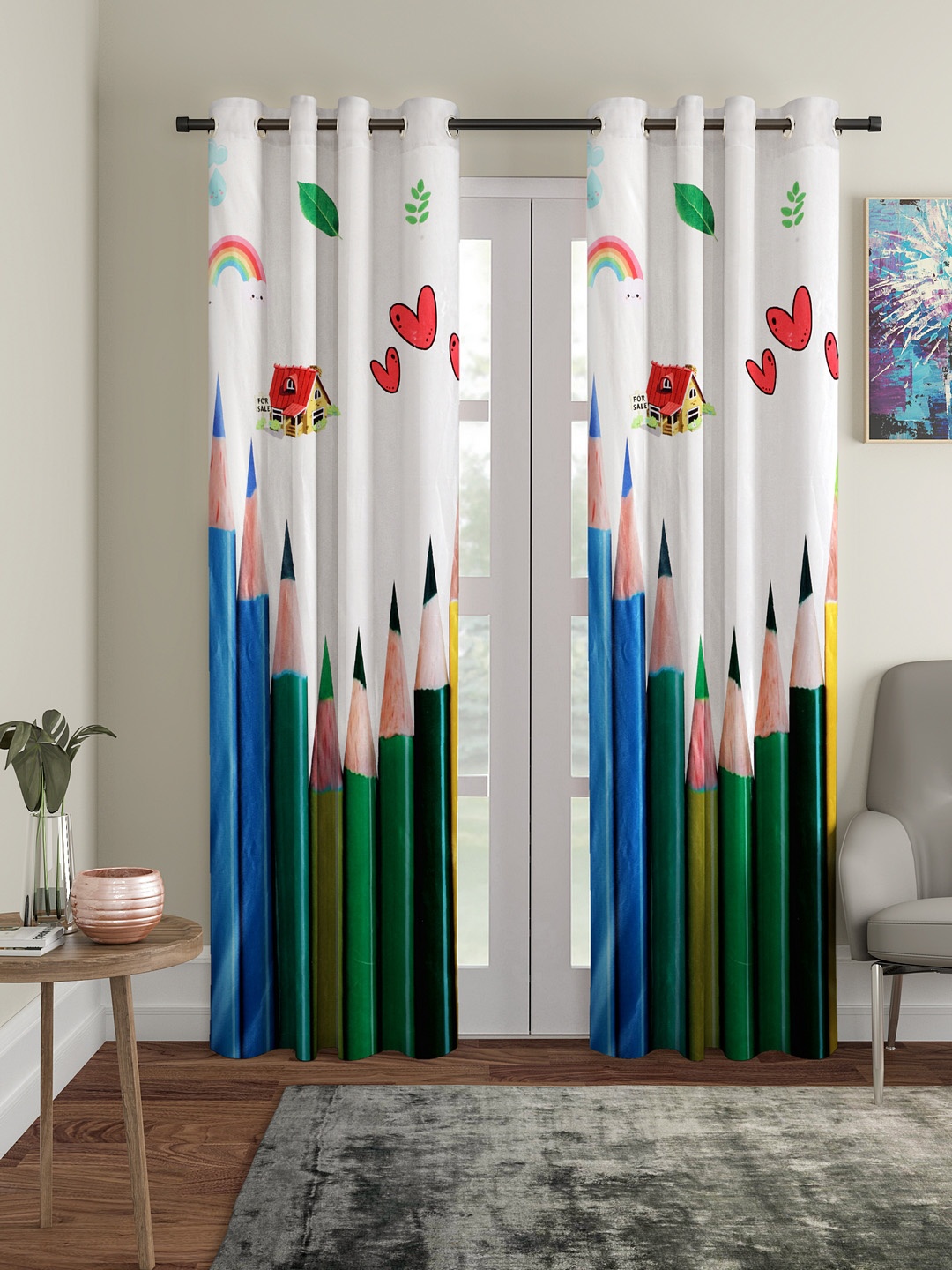 Cortina Off-White & Green Set of 2 Long Door Curtains