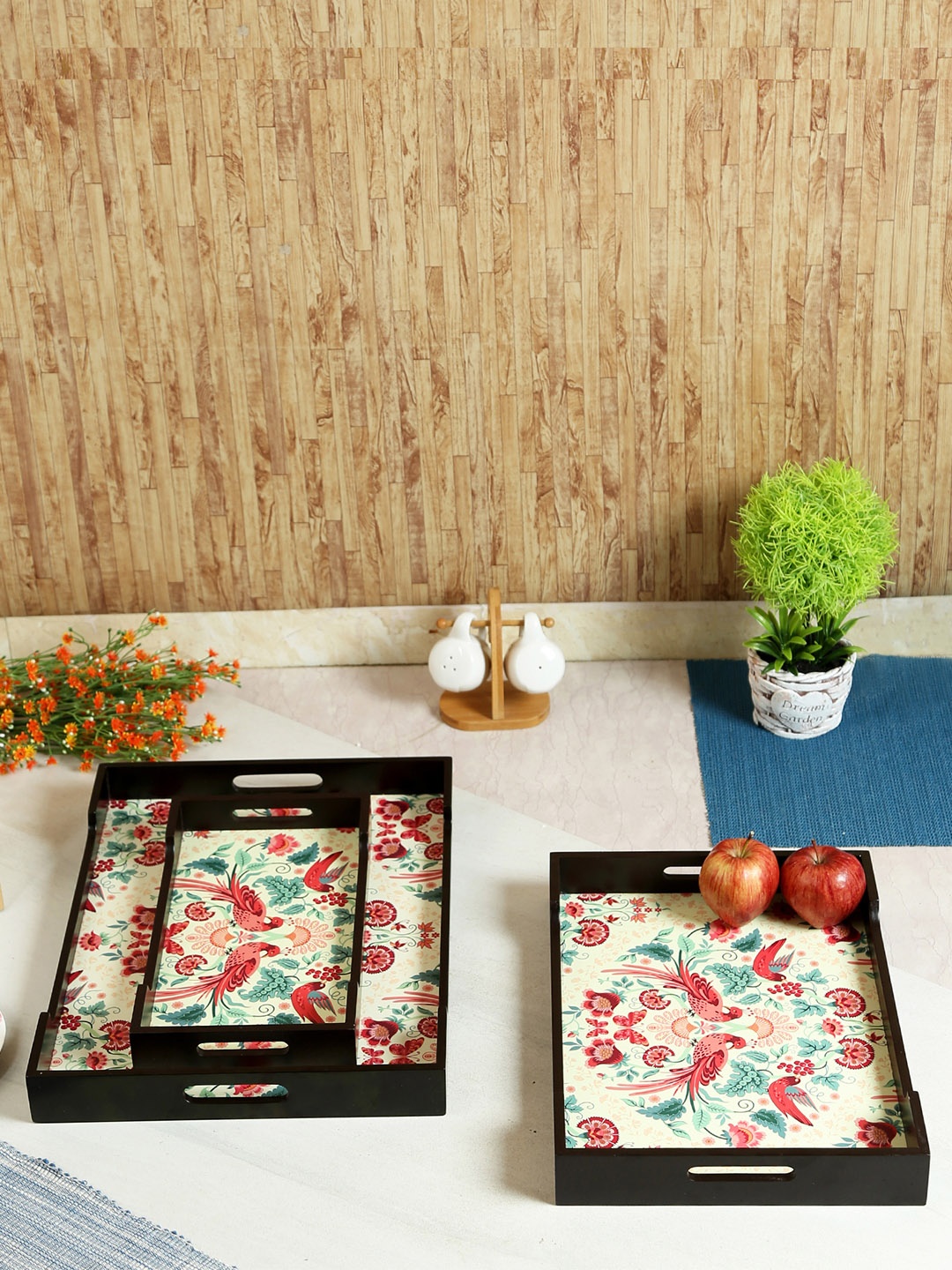 Reinvention Factory Multicoloured Set of Three Rectangle Printed Serving Trays, Multi