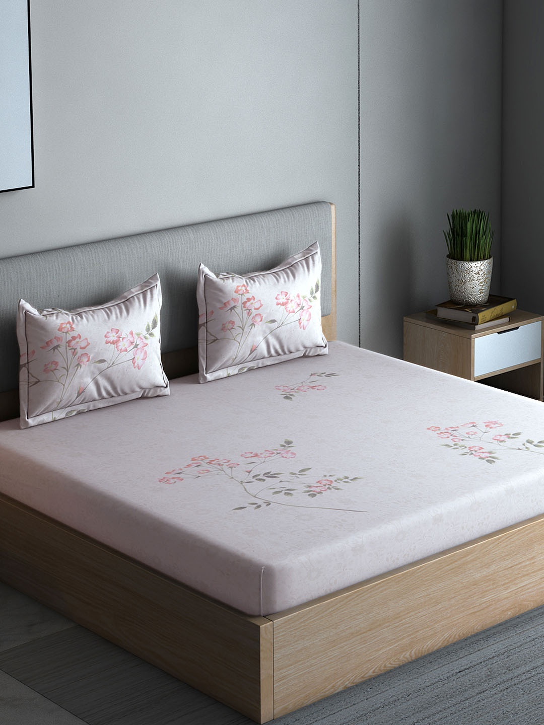 

Boutique Living India Pink Floral 300 TC Cotton 1 Queen Bedsheet with 2 Pillow Covers
