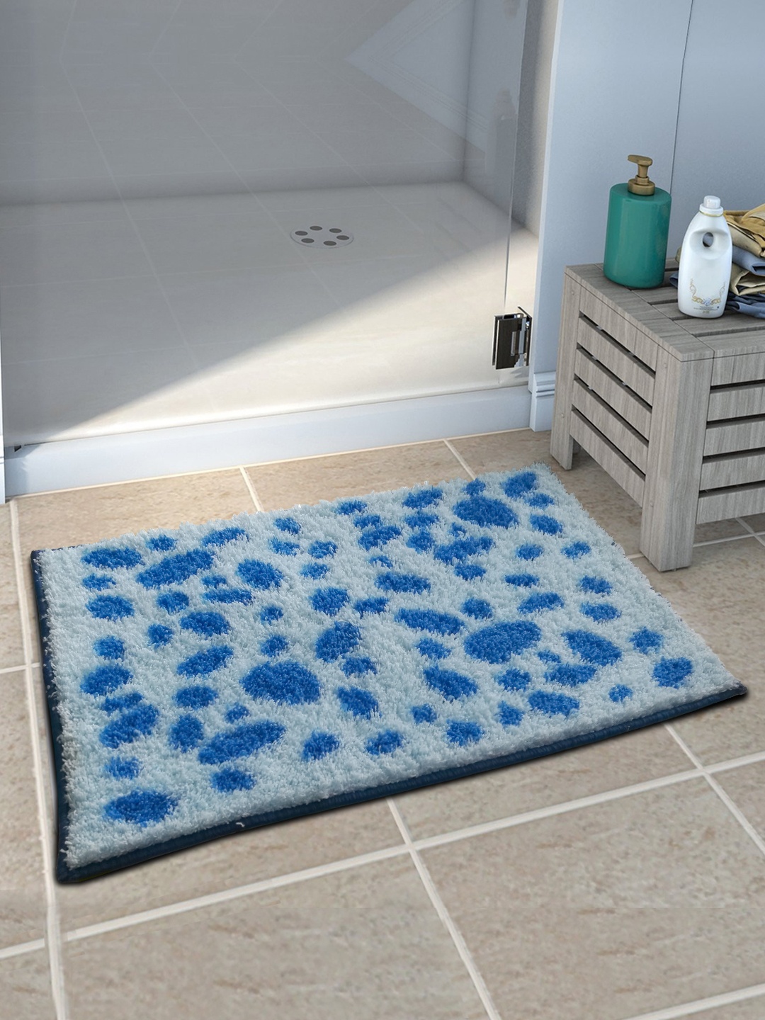 Athom Trendz Set of 3 Blue Patterned Anti Slip Bath Rugs