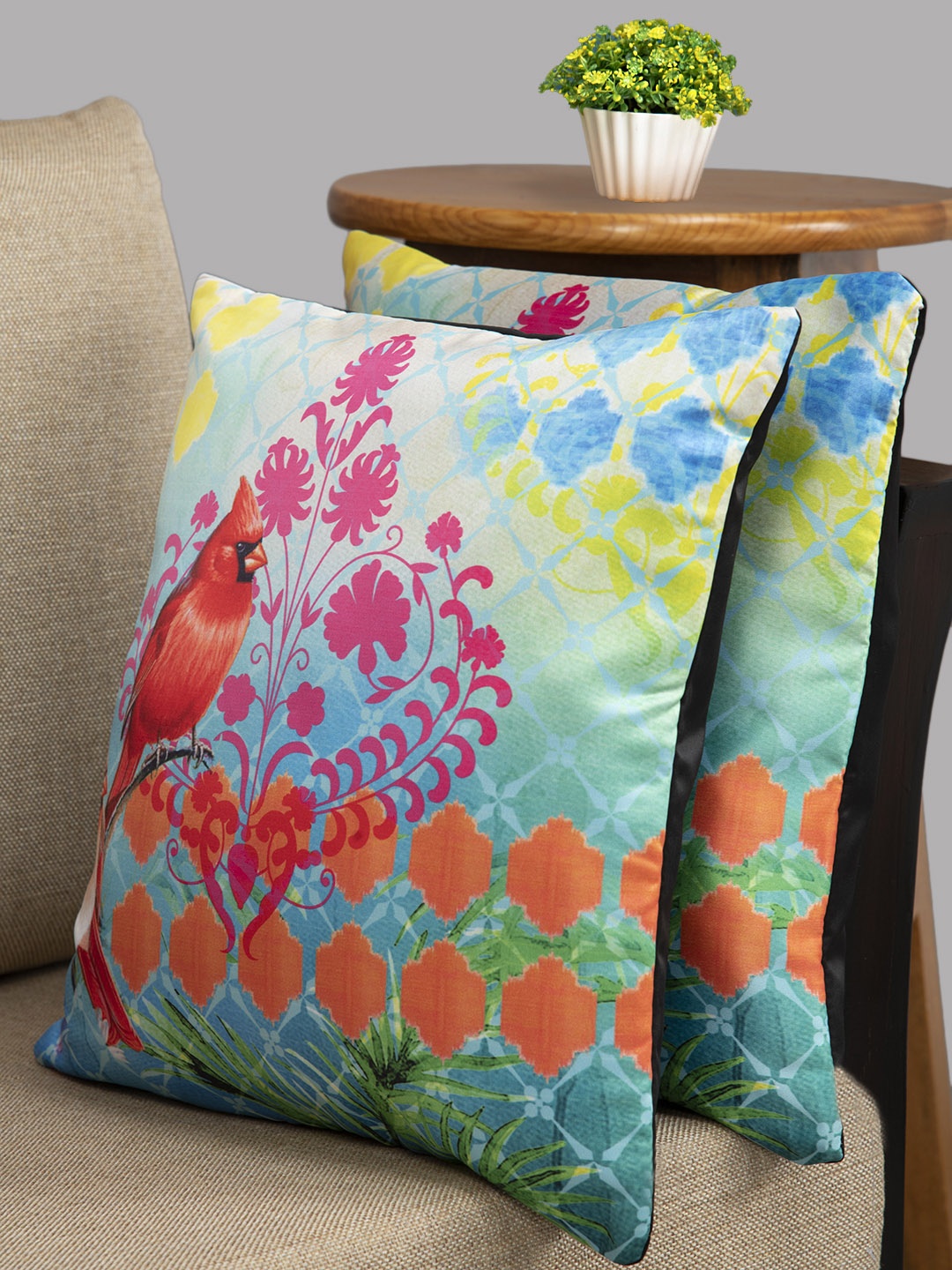 

HOUZZCODE Green & Blue Set of 2 Birds Shadding Square Cushion Covers
