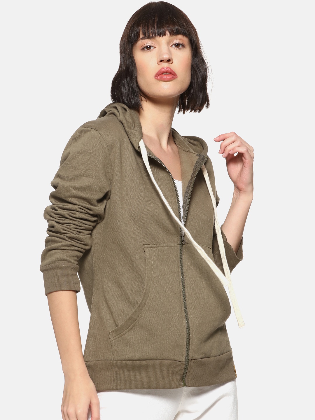 

Campus Sutra Women Olive Brown Solid Hooded Sweatshirt