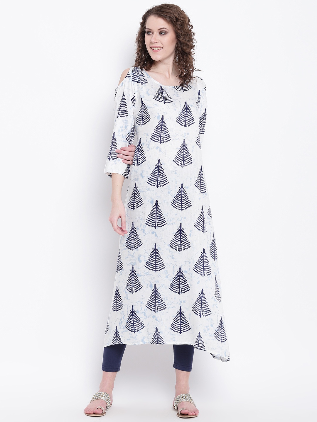 

Napra Women White & Blue Quirky Printed A-Line Kurta