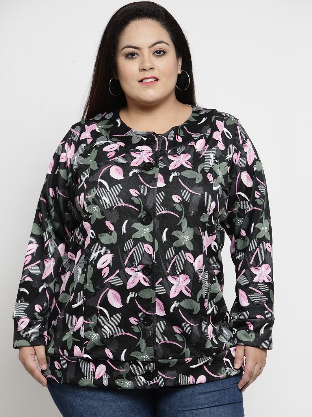 

plusS Women Black & Green Printed Collarless Tailored Jacket