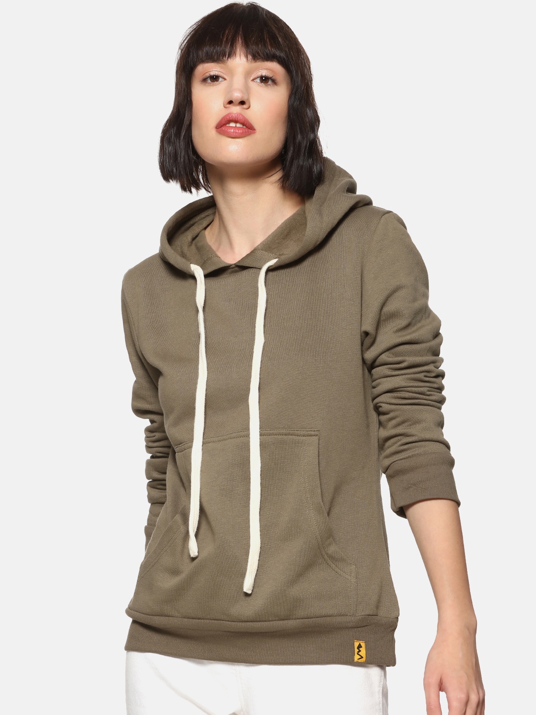 

Campus Sutra Women Olive Green Solid Hooded Sweatshirt
