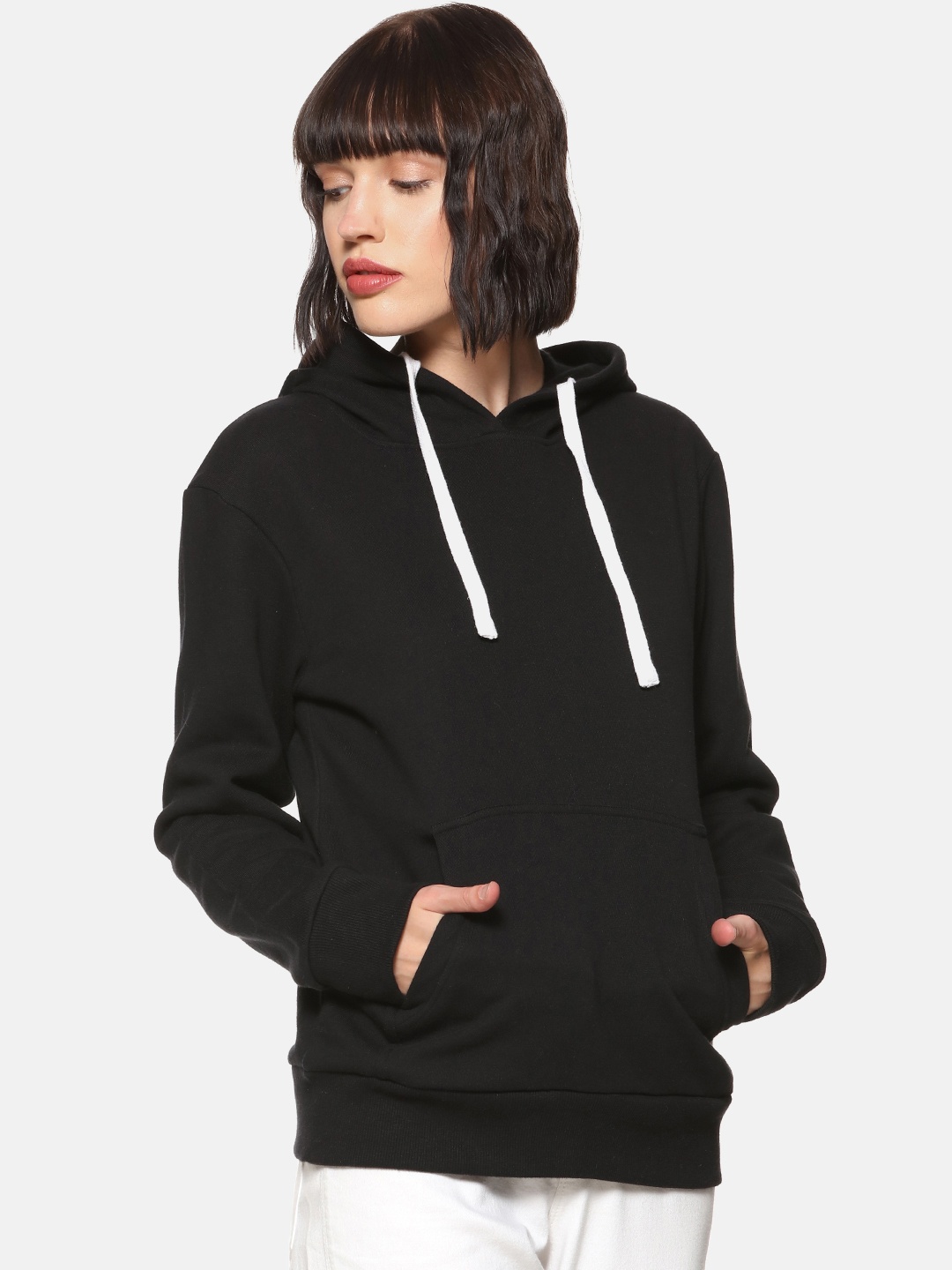 

Campus Sutra Women Black Solid Hooded Sweatshirt