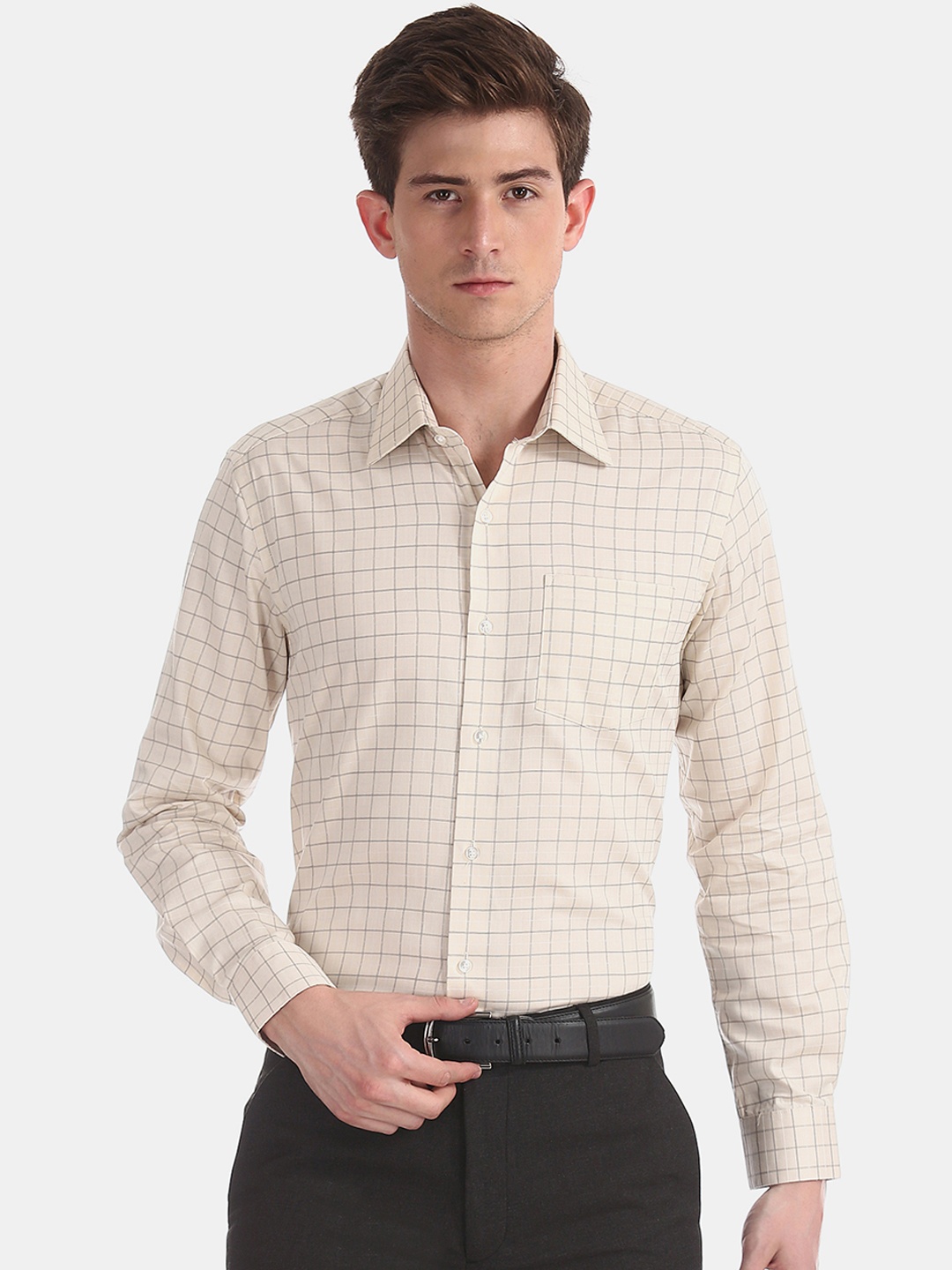 

Arrow Men Beige Slim Fit Checked Formal Shirt